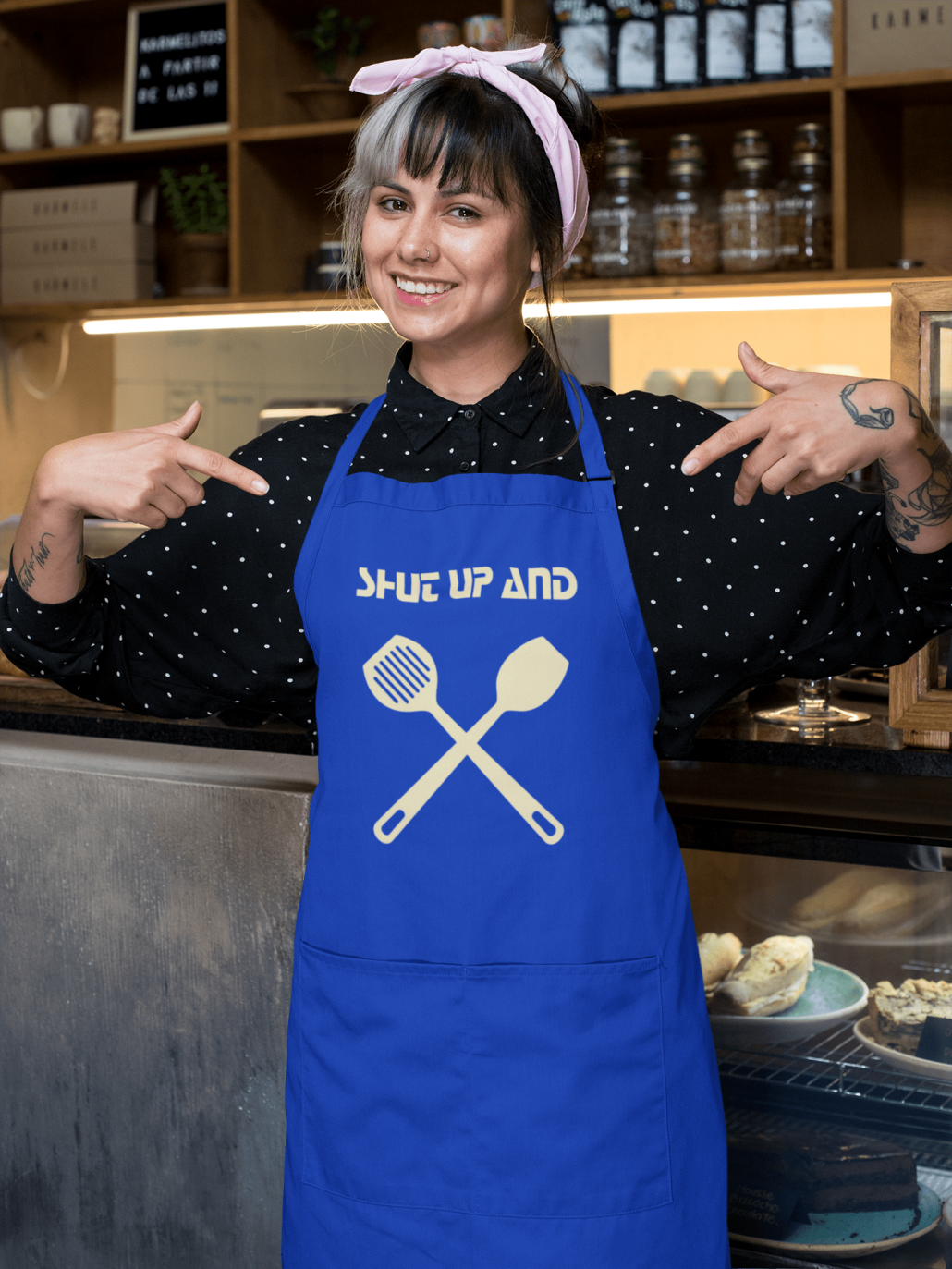 Woman with custom apron in a bar